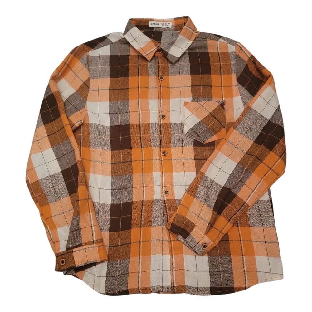 Boys Plaid Flannel Shirt - Orange and Brown Size 11-12 Y